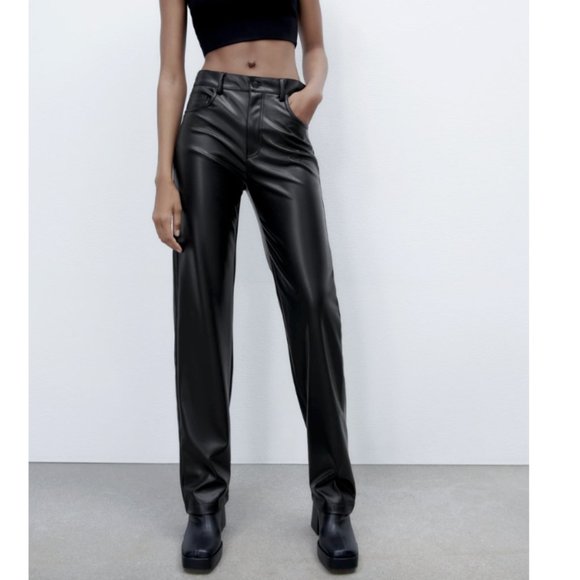 Zara Pants & Jumpsuits Zara New Woman Full Length Faux Leather Straight Leg Pants Black